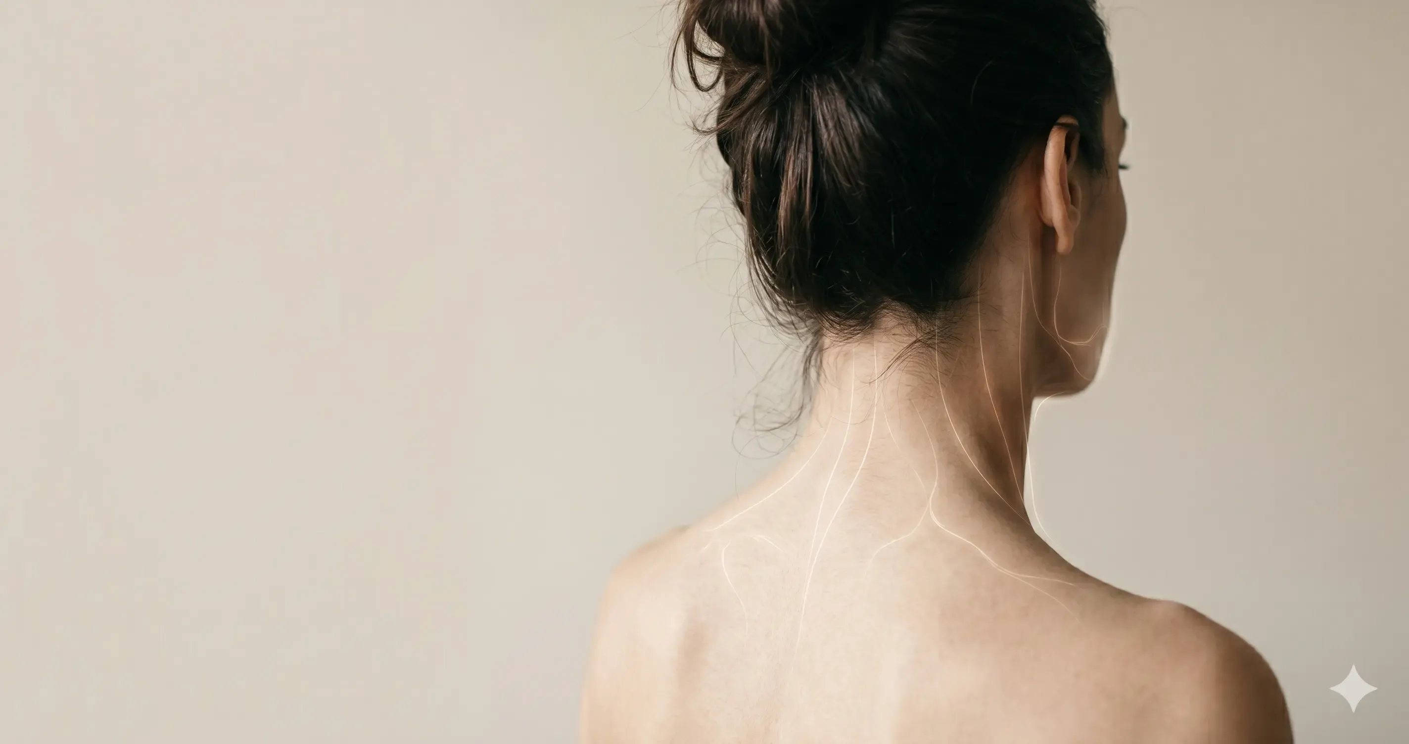 Perfil anónimo com a região da boca e os músculos da nuca em destaque e finas linhas a ligá-los, ilustrando a conexão neural entre a dor orofacial e os músculos do pescoço