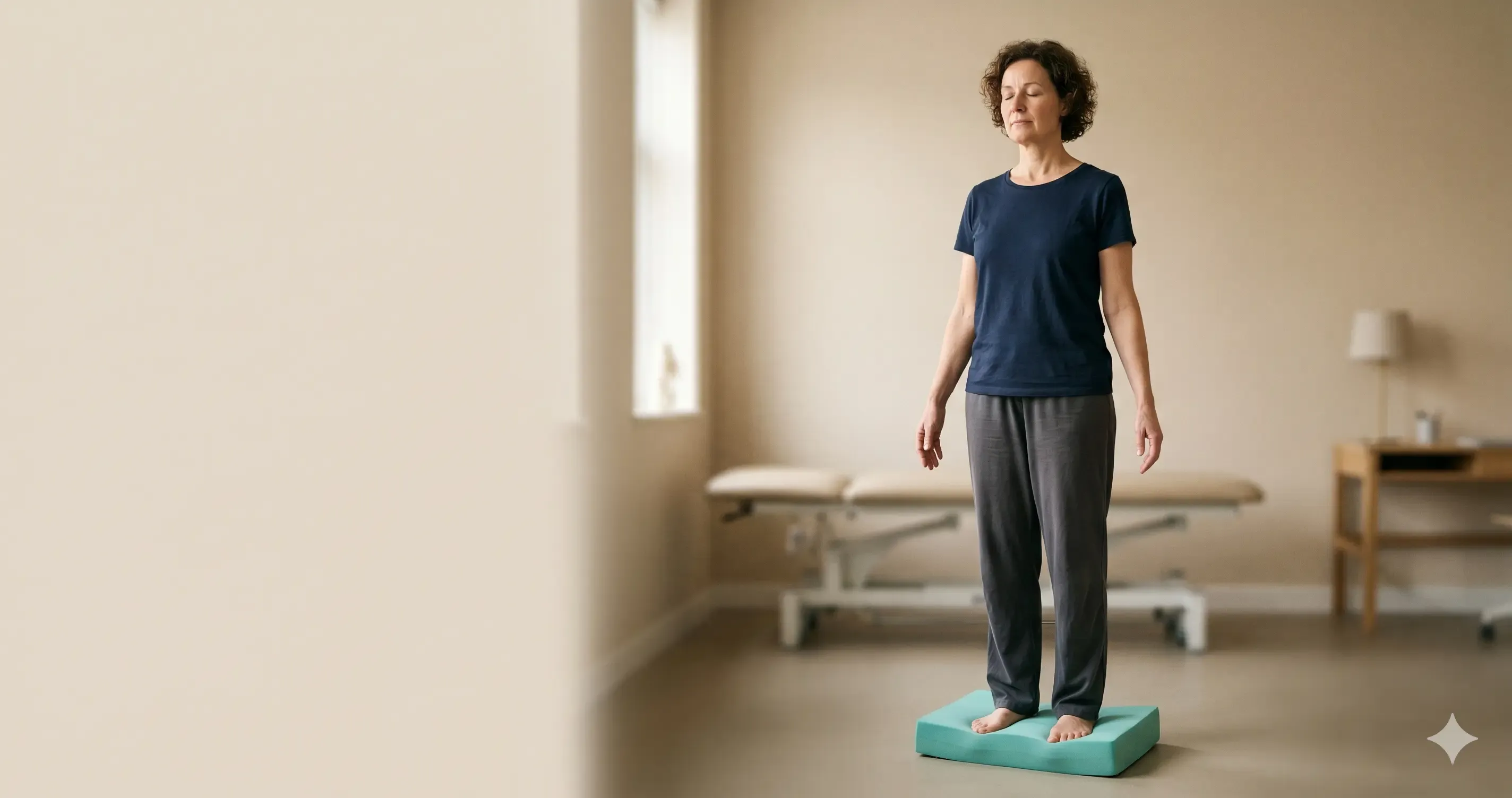Pessoa de olhos fechados a equilibrar-se sobre superfície instável num espaço clínico neutro — oclusão, postura e integração sensorial