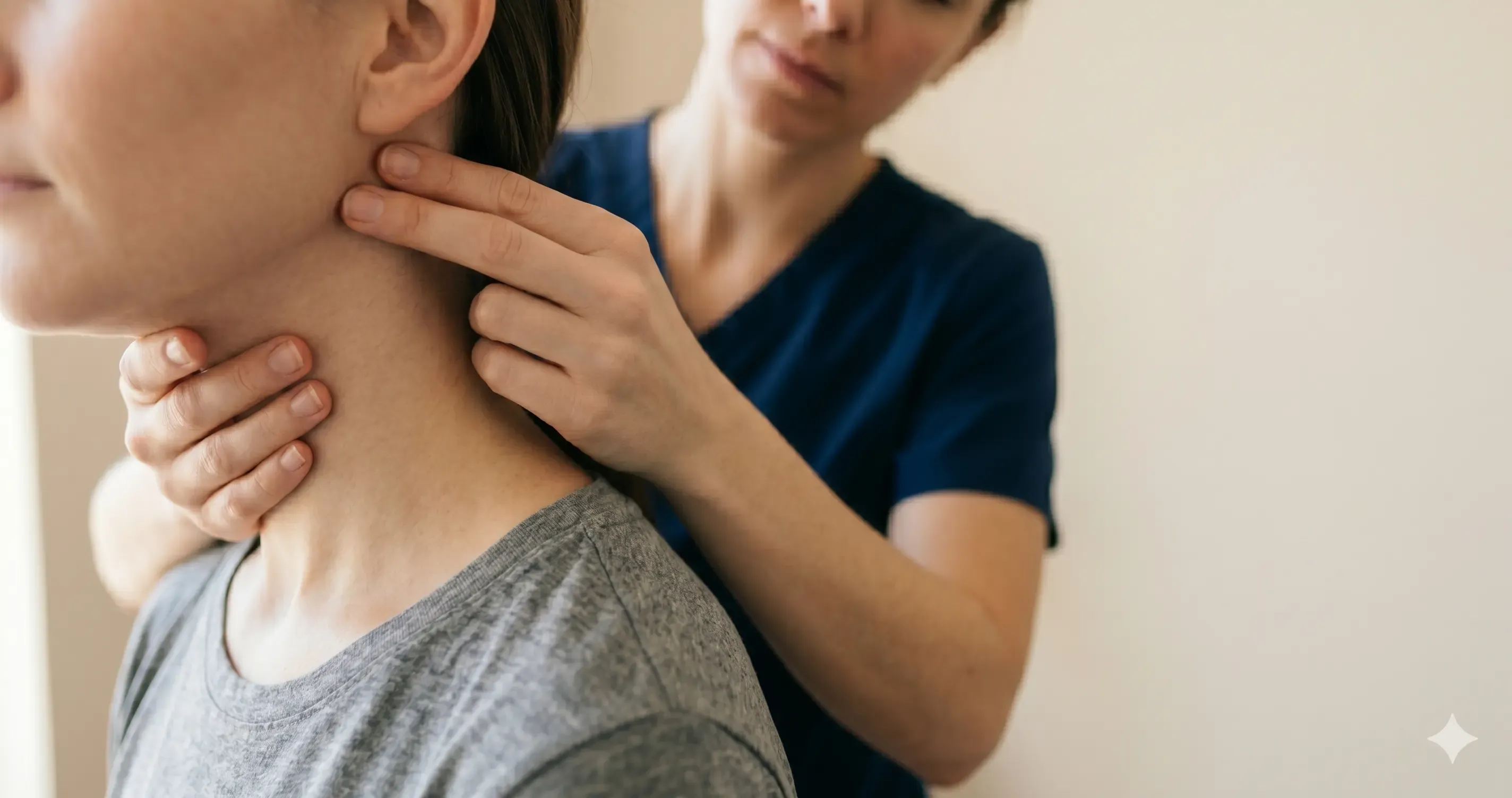 Mãos de fisioterapeuta a mobilizar com suavidade a região da mandíbula e do pescoço de uma pessoa, ilustrando o tratamento integrado da DTM e da tensão cervical